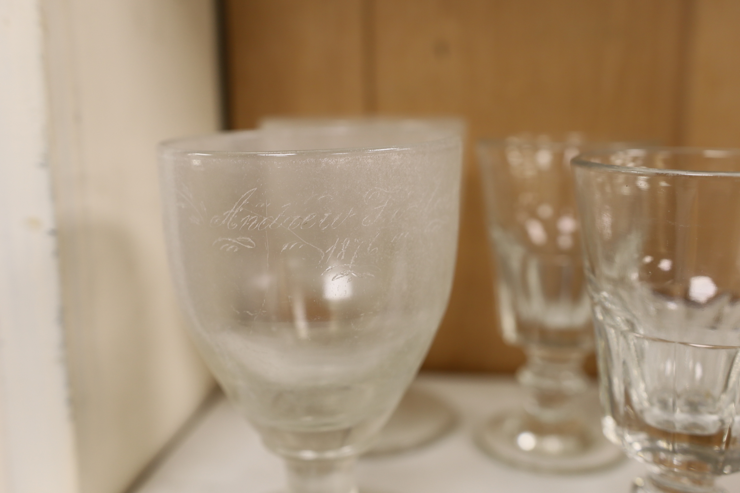 A selection of various glasses including rummers, 19th century and later, tallest 15cm